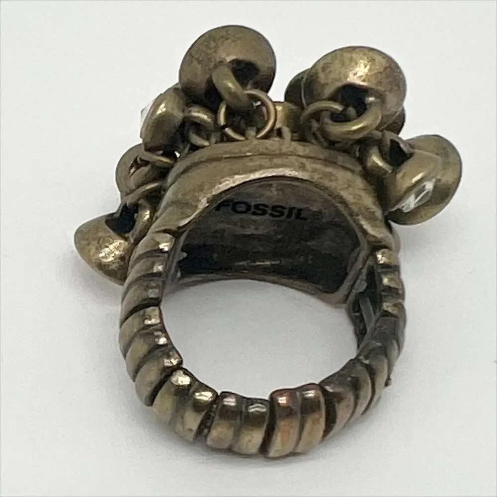 Fossil Dangling Stones Gold Tone Elastic Stretchy Statement Ring Size 7.5